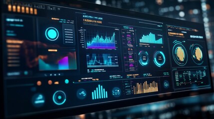 Poster - This image showcases a modern digital dashboard filled with various graphs and charts, emphasizing data analysis and technology.