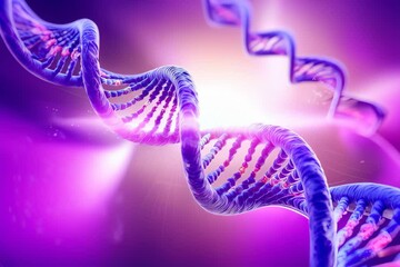 Poster - A detailed 3D illustration of a DNA double helix. The structure is rendered in a vibrant purple and pink color scheme with a subtle glow.