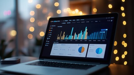 Poster - A laptop screen showcasing various bar and pie charts with a background of bokeh lights, illustrating modern and innovative data analysis.