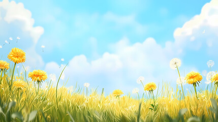 Beautiful meadow field with fresh grass and yellow dandelion flowers in nature against a blurry blue sky with clouds. summer spring perfect natural landscape. Wildflower Field. Illustration