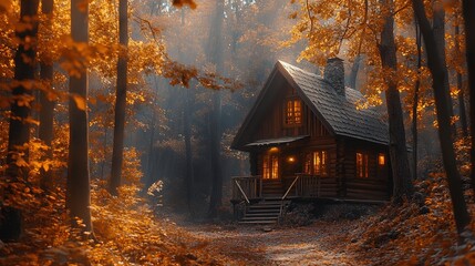 Poster - Cozy Cabin in Autumn Forest with Golden Leaves