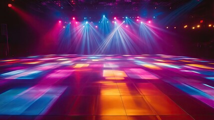 A retro-style disco dance floor comes alive with a kaleidoscope of colorful lights, casting radiant beams across the room, setting the stage for fun and excitement.