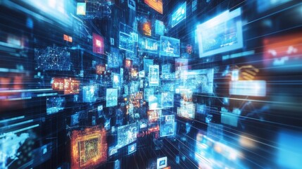 Aufkleber - A vibrant digital vortex composed of numerous floating technology screens, immersing viewers in modern innovation.