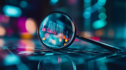 a detailed view shows a magnifying glass over a digital screen with data patterns and colorful abstr