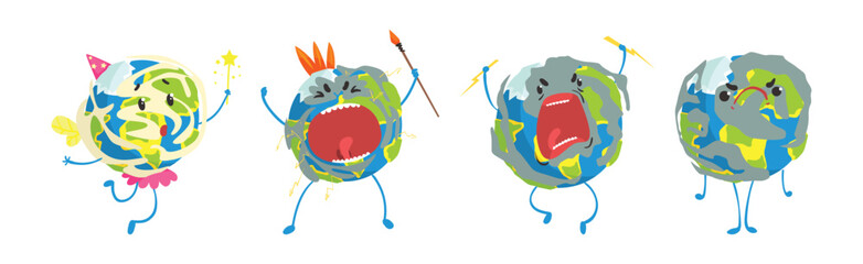 Sticker - Funny Earth Planet Character with Face and Arm Vector Set