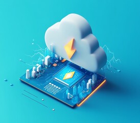 Aufkleber - Representation of cloud computing technology with a symbolic cloud connected to tech elements against a vivid background.