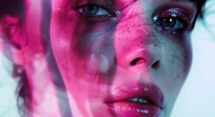 Wall Mural - Close-up Portrait of Model with Futuristic Neon Makeup and Glitter