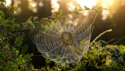 A close-up view of a spider web adorned with glistening morning dew in a serene natural setting. Generative AI