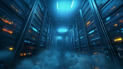 Poster - A high-tech server room illuminated by blue lights and mist, symbolizing cutting-edge technology and data storage.