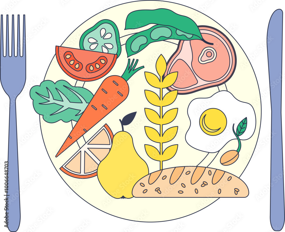 Illustration of a balanced diet plate divided into sections with ...