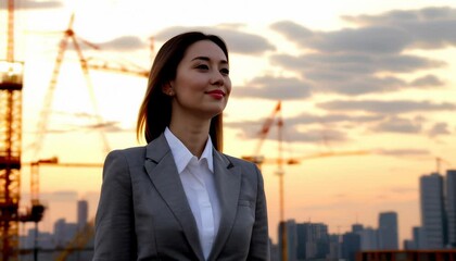 Poster - A young woman in a business suit stands confidently in front of a cityscape with construction cranes in the background, looking towards the horizon.