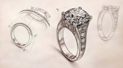 Wall Mural - Drawing a technical sketch of a jewelry ring with a large diamond.