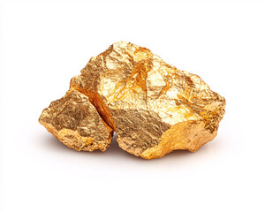 A large gold rock with a rough surface. The rock is sitting on a white background. The rock is shiny and has a metallic appearance