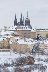 Wall Mural - Snowy Prague City with gothic Castle from the Hill Petrin, Czech republic 