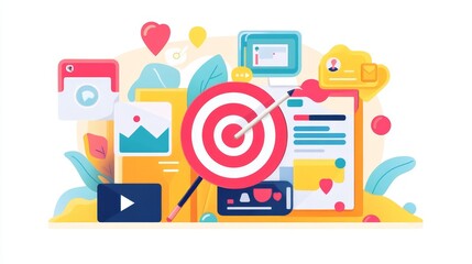 Aufkleber - This vibrant illustration features a target surrounded by social media elements, symbolizing digital marketing and engagement.