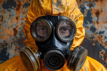 Worker in yellow protective gear and mask against dangerous gas in smoky dark background