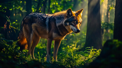  A full-body shot of a wolf in a forest.