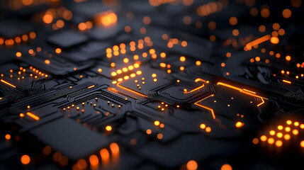 Wall Mural - 3D Abstract Circuit Board Pattern with Soft Bokeh Lights Symbolizing Technology Connections for Business Innovation - Artistic Tech Image for Advertisements