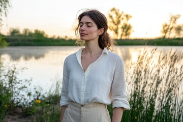 A beautiful young woman in a white blouse meditates on the river while taking in the fresh air.