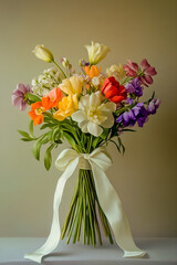 Beautiful bouquet with a white ribbon elegantly wrapped around the stems.