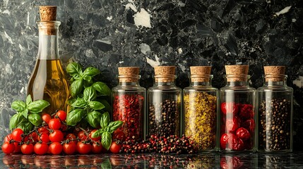 A chic setup featuring glass spice jars alongside a bottle of high-quality olive oil, fresh basil, and ripe cherry tomatoes.