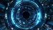 © schmidt - This is a 3D rendering of an abstract technology background with a glowing sci-fi circle circuit hud on a blue dotted data and microchip background.