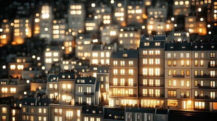 Poster - The night reveals a tall apartment building featuring Parisian-style architecture, with one window casting a warm glow against the darkened surroundings