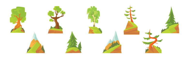 Poster - Green Tree with Trunk on Rock or Mountain Landscape Vector Set