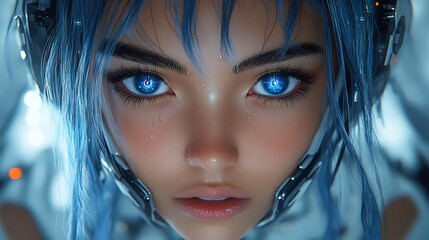 Poster - Close up of a futuristic cyborg woman with blue glowing eyes. Cyberpunk, AI, artificial intelligence concept