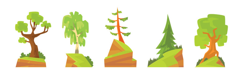 Poster - Green Tree with Trunk on Rock or Mountain Landscape Vector Set