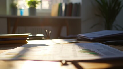 Wall Mural - Financial newspaper laying on desk with charts and graphs in sunbeam