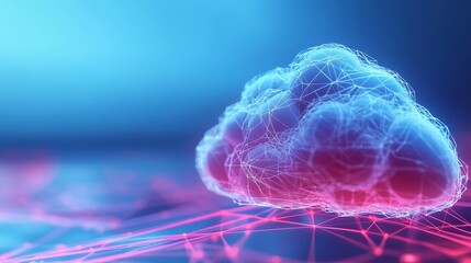 Poster - A digital representation of a cloud, showcasing luminous neon network lines on a contrasting deep blue background.