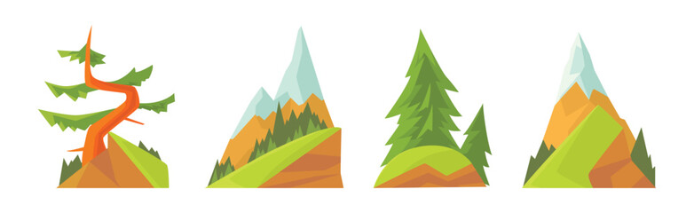 Poster - Green Tree with Trunk on Rock or Mountain Landscape Vector Set
