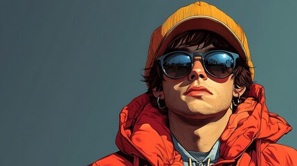 Canvas Print - Young man wearing orange cap and sunglasses, stylish and modern male portrait