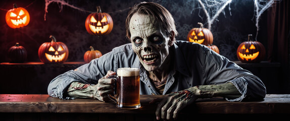 Scary zombie having a beer in a halloween party location