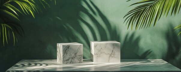 Poster - Marble cubes on a table with palm shadows, minimalistic design. Modern interior and natural light concept