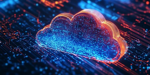 Poster - A cloud representation in glowing blue and orange typifies advanced digital network connectivity and the flow of data through systems.