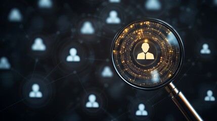 Aufkleber - A digital magnifying glass highlights a user profile on a dark background, illustrating focus on data security.