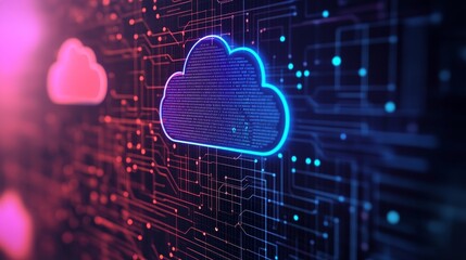 Aufkleber - An abstract representation of a digital cloud in neon colors against a circuit-patterned background, symbolizing digital storage.