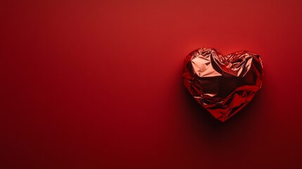  - a crinkled metallic heart rests against a vibrant red backdrop, creating dramatic highlights and sha