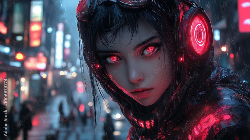 Cyberpunk woman with glowing red eyes and headphones in futuristic city