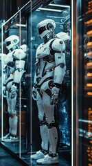Poster - Futuristic robot display in a high-tech environment showcasing advanced robotics and artificial intelligence.
