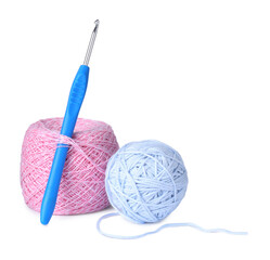 Canvas Print - Colorful yarns and crochet hook isolated on white