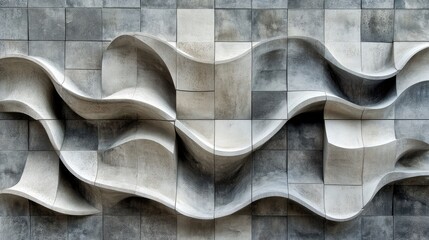 Wall Mural - A repeating pattern of abstract waveforms in shades of gray and white, flowing across the surface of square tiles.