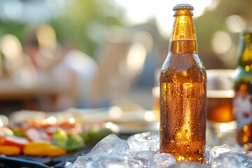 Refreshing cold beer bottle on ice at outdoor summer gathering