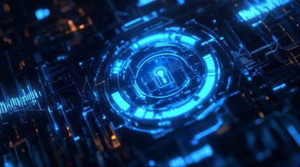 Aufkleber - A high-tech digital interface showcases a glowing lock at the center, symbolizing cybersecurity amidst an intricate circuit design.