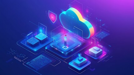 Poster - A vibrant illustration featuring cloud computing technology with digital glowing elements and futuristic design.