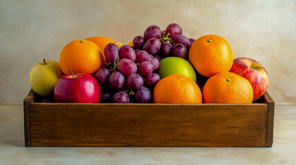 Sticker - Wooden box filled with assorted fruits, including apples, oranges, and grapes.