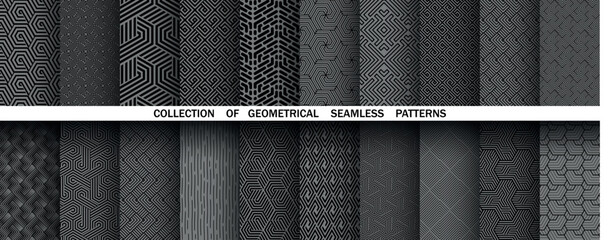 Geometric set of seamless black and gray patterns. Simple vector graphics