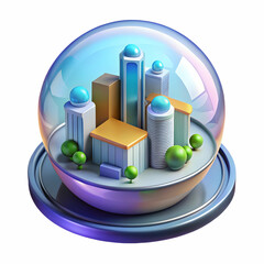 Wall Mural - Holographic Policy Simulator: Macro View of Miniature City in Holographic Bubble with Rotating Camera Revealing Policy Outcomes and Data Streams - Isolated on White Background